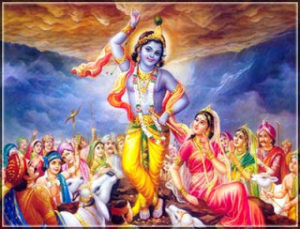 Lord Krishna lifts Govardhan Hill 